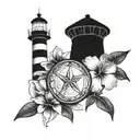 A unique design combining a sand dollar, hibiscus flower, and frangipani flower intertwined with lighthouse elements tattoo design idea