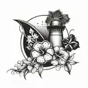 A unique design combining a sand dollar, hibiscus flower, and frangipani flower intertwined with lighthouse elements tattoo design idea