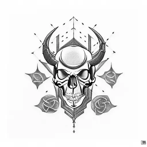 A blackwork tattoo of a skull with devil horns, surrounded by intricate circuit patterns, symbolizing the client's passion for programming and their fascination with death and Satan. tattoo design idea