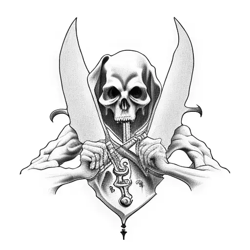 grim reaper looking forward, full body, holding an hourglass in his right hand and scythe in his left hand tattoo design idea