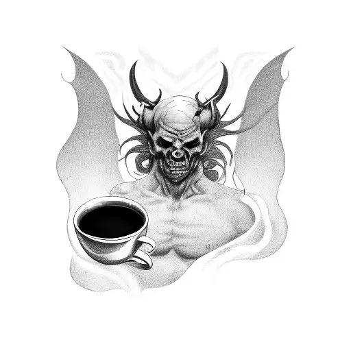 A black-grey tattoo of a hauntingly beautiful demon holding a cup of coffee, representing the client's interest in the occult and their love for coffee. tattoo design idea