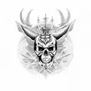 A blackwork tattoo of a skull with devil horns, surrounded by intricate circuit patterns, symbolizing the client's passion for programming and their fascination with death and Satan. tattoo design idea