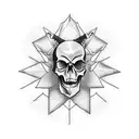A blackwork tattoo of a skull with devil horns, surrounded by intricate circuit patterns, symbolizing the client's passion for programming and their fascination with death and Satan. tattoo design idea
