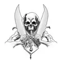 grim reaper looking forward, full body, holding an hourglass in his right hand and scythe in his left hand tattoo design idea