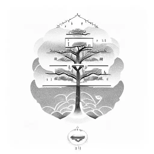 A tree of wisdom surrounded by chinese alphabets that means wisdom, friendship, peace and love  tattoo design idea