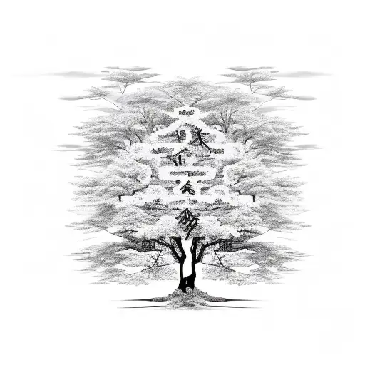 A tree of wisdom surrounded by chinese alphabets that means wisdom, friendship, peace and love  tattoo design idea