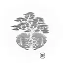 A tree of wisdom surrounded by chinese alphabets that means wisdom, friendship, peace and love  tattoo design idea