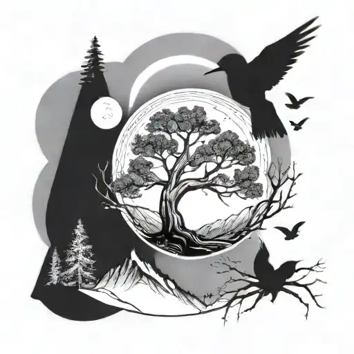 aspen tree with mountains sun and moon and humming birds and magpies tattoo design idea