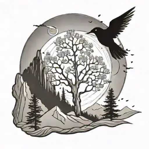aspen tree with mountains sun and moon and humming birds and magpies in background  tattoo design idea