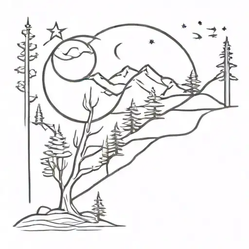 aspen tree mountain and moon and sun tattoo design idea