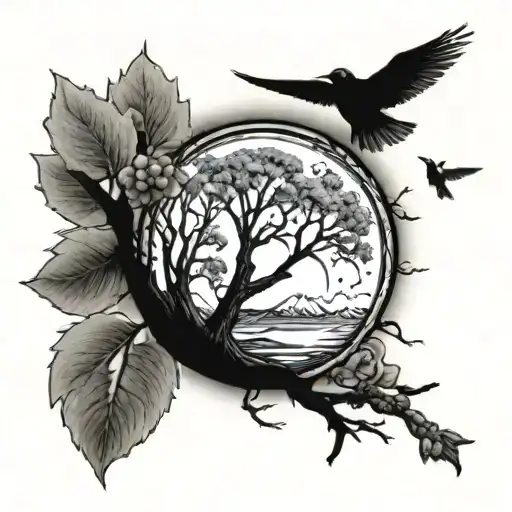 aspen tree with mountains sun and moon and humming birds and magpies tattoo design idea