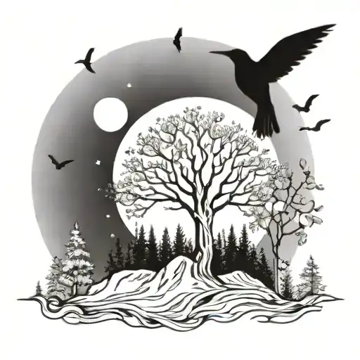 aspen tree with mountains sun and moon and humming birds and magpies tattoo design idea