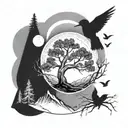 aspen tree with mountains sun and moon and humming birds and magpies tattoo design idea