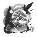 aspen tree with mountains sun and moon and humming birds and magpies tattoo design idea