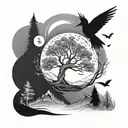aspen tree with mountains sun and moon and humming birds and magpies tattoo design idea