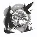 aspen tree with mountains sun and moon and humming birds and magpies tattoo design idea