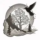 aspen tree with mountains sun and moon and humming birds and magpies in background  tattoo design idea