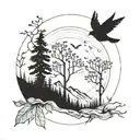 aspen tree with mountains sun and moon and humming birds and magpies in background  tattoo design idea