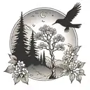 aspen tree with mountains sun and moon and humming birds and magpies in background  tattoo design idea