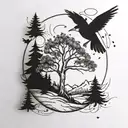 aspen tree with mountains sun and moon and humming birds and magpies in background  tattoo design idea