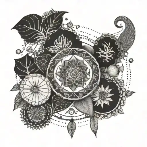 An intricate mandala incorporating symbols of travel and vegan foods tattoo design idea
