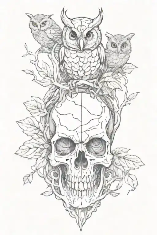 Skulls, a dark forest, OWL and hands tattoo design idea