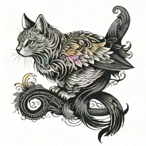 A majestic blackwork tattoo of a colorful bird perched on a cat's tail tattoo design idea