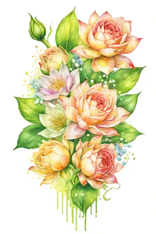 1 rose, 1 water lily, 1 lily of the valley, 1 sweeat pea flower tattoo design idea