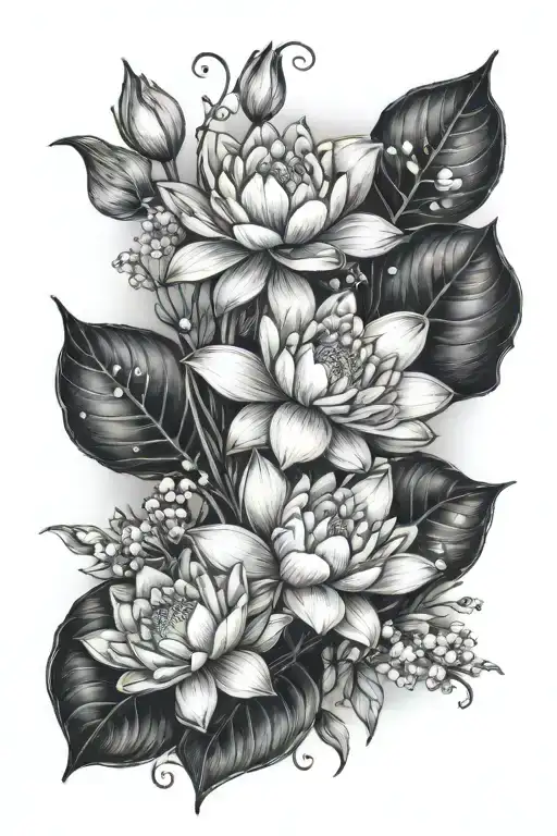 sweat pea flower, water lily flower, rose, lily of the valley tattoo design idea