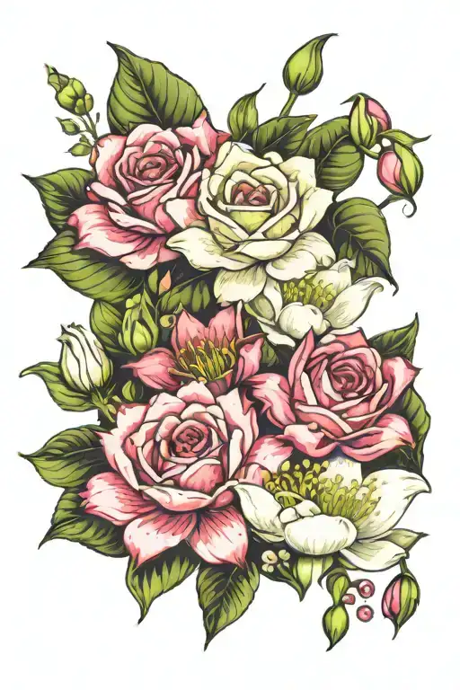 1 rose, 1 water lily, 1 lily of the valley, 1 sweeat pea flower tattoo design idea