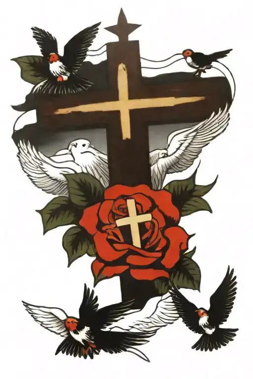 cross with 5 birds flying above and bible verse joshua 1:9 tattoo design idea