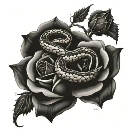 Snake and roses intertwined tattoo design idea