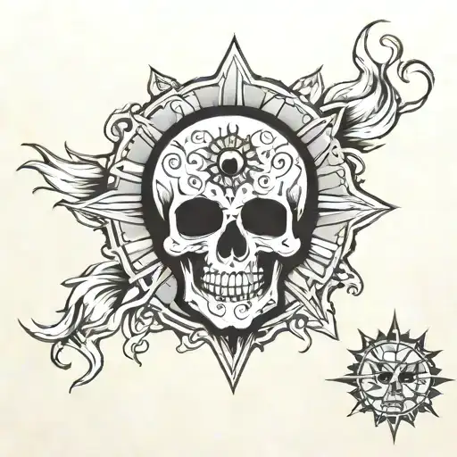 skull sun moon hand tattoo design idea
