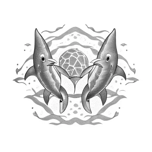 A blackwork tattoo of a shark and a turtle swimming together in the deep sea tattoo design idea