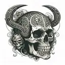 A skull surrounded by medieval elements and Latin phrases in a dark and abstract style tattoo design idea