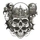 A skull surrounded by medieval elements and Latin phrases in a dark and abstract style tattoo design idea