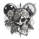 A skull surrounded by medieval elements and Latin phrases in a dark and abstract style tattoo design idea