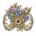hyacinths flowers in lyre intertwined with gears tattoo design idea