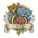 hyacinths flowers in lyre intertwined with gears tattoo design idea