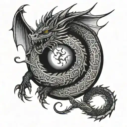 dragon with paranormal order rituals and half moon tattoo design idea