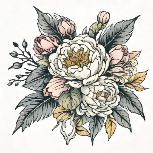 watercolor floral bouquet with peonies and a negative space cross in the center  tattoo design idea