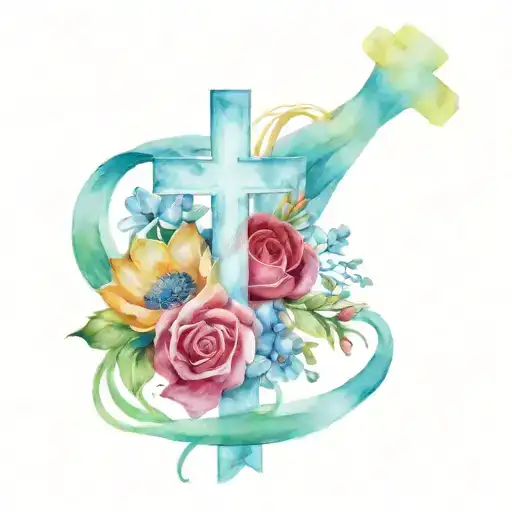 A realistic watercolor bouquet of flowers intertwined with a cross symbolizing love and family tattoo design idea