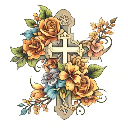 A realistic watercolor bouquet of flowers intertwined with a cross symbolizing love and family tattoo design idea