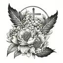 watercolor floral bouquet with peonies and a negative space cross in the center  tattoo design idea