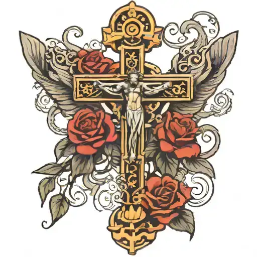 bowe tie on top of a crucifix with a boat anchor tattoo design idea
