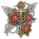 bowe tie on top of a crucifix with a boat anchor tattoo design idea