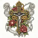 bowe tie on top of a crucifix with a boat anchor tattoo design idea