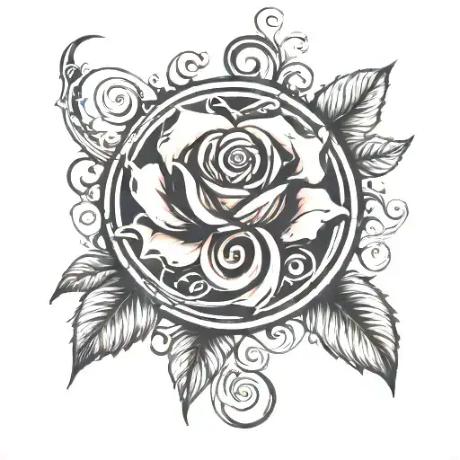 strange music logo and rose intertwined tattoo design idea