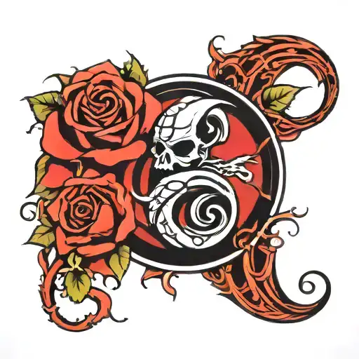 strange music logo and rose intertwined tattoo design idea
