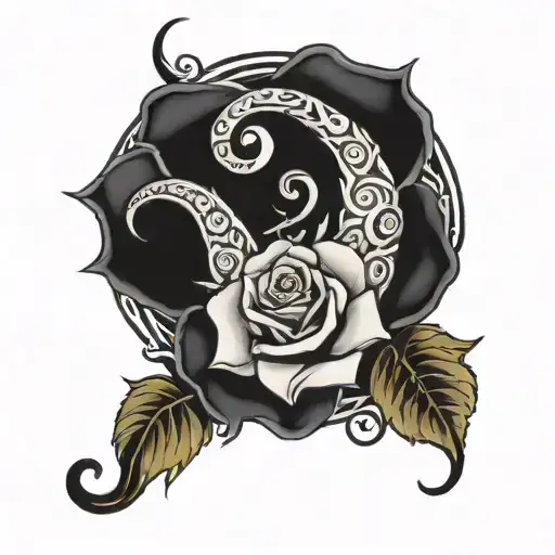 strange music logo and rose intertwined tattoo design idea